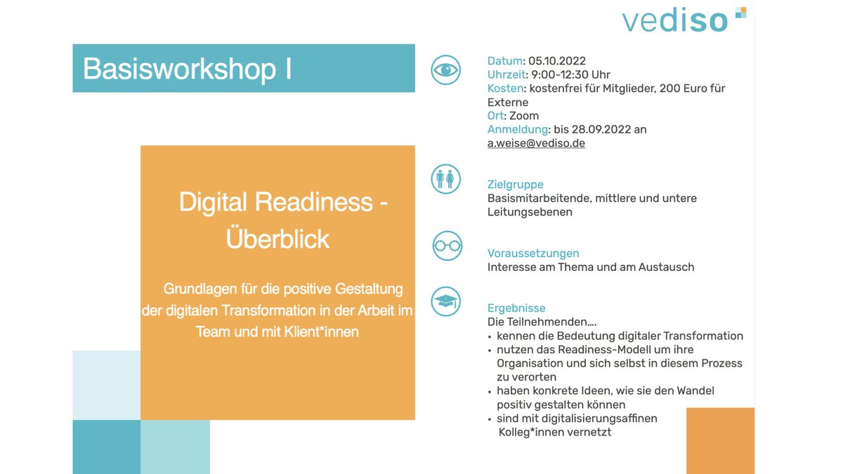 Vediso_eV's tweet photo. Wie können wir #digitaleTransformation positiv gestalten und für uns nutzen? In unserer Basis-Workshop-Reihe geben wir einen Überblick über die Grundlagen, die es dazu braucht. Los geht's am 5. Oktober 2022 mit Teil I (Einführung zu #DigitalReadiness) und Teil II (#Mindset). https://t.co/xuhapgeXjn