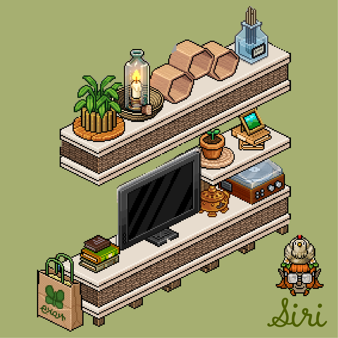 Sirikiitta's tweet photo. Tv shelf with lots of plants, books and everything what might set them on fire! Lovely ☺️
#siribuilds #habbobuild #pixelbuild https://t.co/1o05jS7hoi