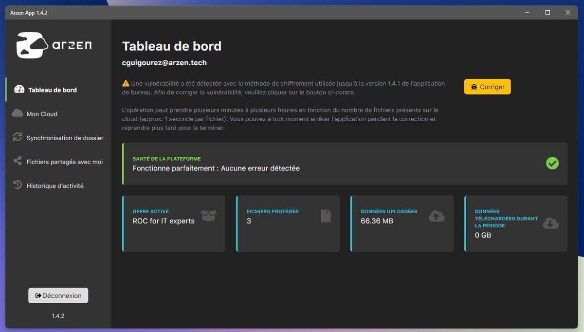 La nouvelle version de l'application de bureau est disponible en V1.4.2
Cette dernière contient des correctifs de sécurité importants.
Nous recommandons à tous nos utilisateurs de mettre à jour l'application sans tarder.🔒🔑
#cybersécurité #cloudsecurity #frenchtech