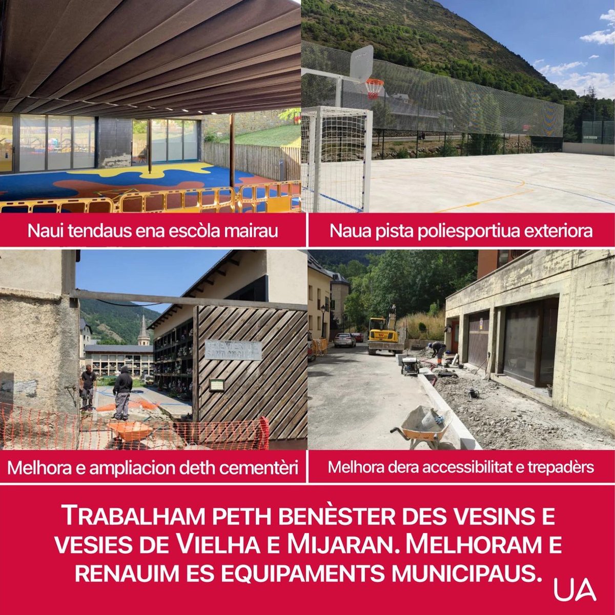 Metem as persones en centre. Renauim e ampliam es equipaments municipaus en tot apostar per ues installacions e servicis publics de qualitat.

Trabalham peth benèster des vesins e vesies de Vielha e Mijaran. Melhoram e renauim es equipaments municipaus.

#UnitatdAran #Vielha