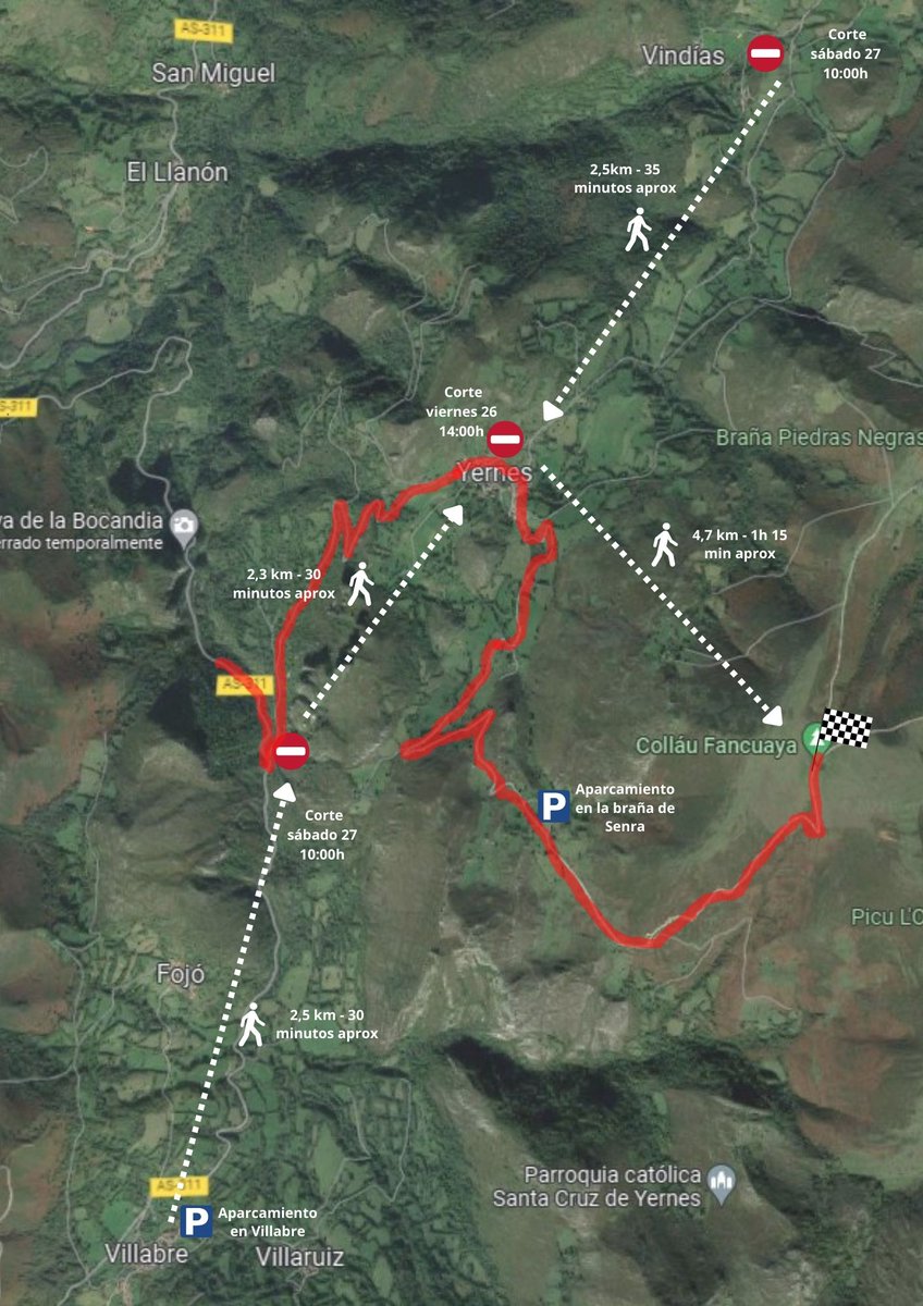 MariaDiazYernes's tweet photo. 🔴🔴 INFO Vuelta Colláu Fancuaya.
Un pequeño mapa con los cortes, tiempos aproximados caminando a cada punto y zonas de aparcamiento.
Una vecina y el Grupo Montañero Moscón abrirán dos praos en Senra para aparcar, a 2km de meta.

 #LaVuelta22  #collaufancuaya #fancuaya https://t.co/TQolLc83Ei