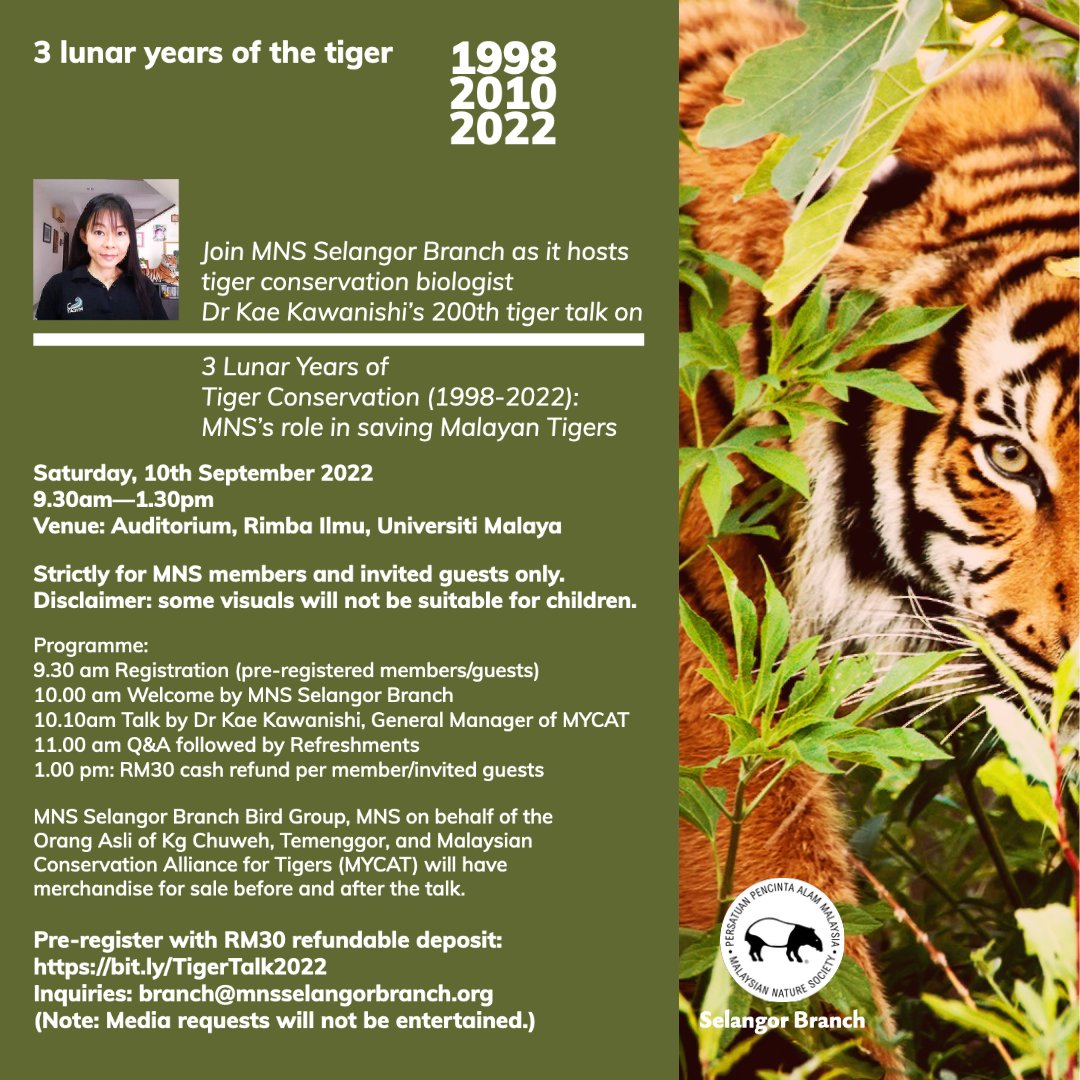 MYCAT_200's tweet photo. If you’re an MNS member don’t miss out on this! 📣
MNS Selangor branch will be hosting Dr. Kae Kawanishi to give a tiger talk on September 10. Mark your calendars and get your seats secured now!
@MNSMalaysia @mnsselan
#tigertalk #conservationoptimism #savingtigerstogether https://t.co/488ZG76Qka