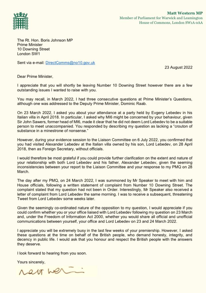 In March, I asked in PMQs about his attendance at Evgeny Lebedev's lavish party - and MI6's concerns. After, the PM reported me to the Speaker who had also received a complaint from Lebedev - who later sent me a threatening Tweet. Was this a coordinated attempt to silence me?