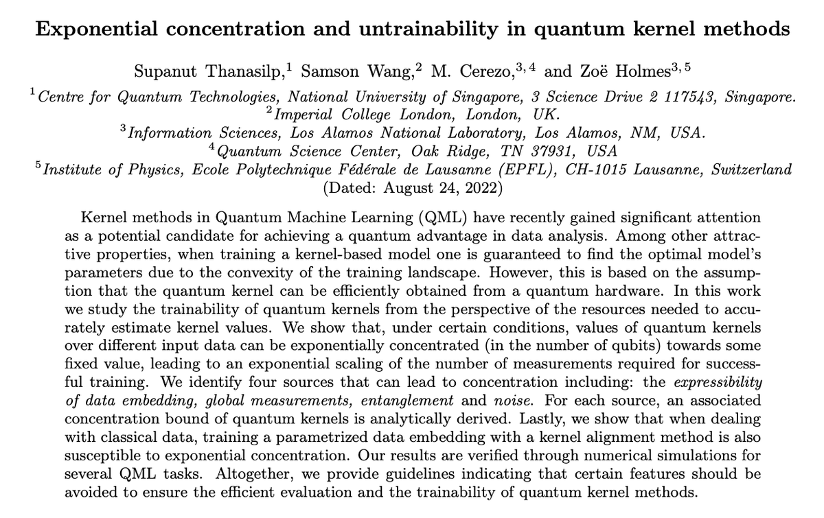 s_thanasilp's tweet photo. Kernel methods are famous for their trainability guarantees. But, is this always true for quantum kernel-based models where kernel values are statistically estimated from quantum hardware ?

Check out: https://t.co/8rNhXeawyG

with @samson_wang, @MvsCerezo and @qZoeHolmes https://t.co/EWj4uBUOPc