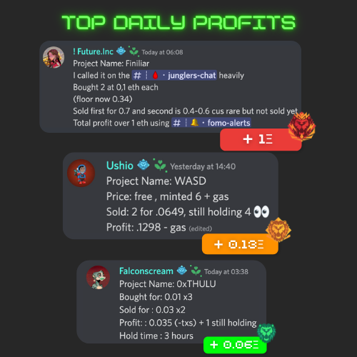 Junglers (@junglersnft) on Twitter photo ๐ด๐ฐ๐๐๐ป๐ด๐ฃ๐ฟ๐ผ๐ณ๐ถ๐๐ฐ๐ด
Daily profit using our alpha bot ๐
Ranking:
+1 ETH <a href="/BendinggReality/">FutureAlphaer</a>
+0.13 ETH (still holding 4) @Ushio
+0.035 ETH <a href="/Falconscrm/">Falconscream Vteubรฉ ! ๐ฆ
</a> ๐ด๐ฐ๐๐๐ป๐ด๐ฃ๐ฟ๐ผ๐ณ๐ถ๐๐ฐ๐ด
Daily profit using our alpha bot ๐
Ranking:
+1 ETH <a href="/BendinggReality/">FutureAlphaer</a>
+0.13 ETH (still holding 4) @Ushio
+0.035 ETH <a href="/Falconscrm/">Falconscream Vteubรฉ ! ๐ฆ
</a>