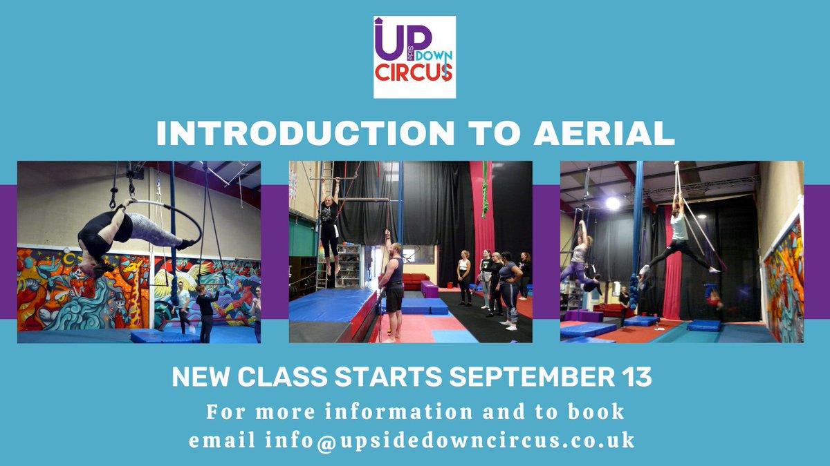 Our new intro to aerial course for beginners starts on Tuesday, September 13, offering the chance to try skills like aerial hoop, flying trapeze, rope, silks and static trapeze. For more information and to book, email info@upsidedowncircus.co.uk