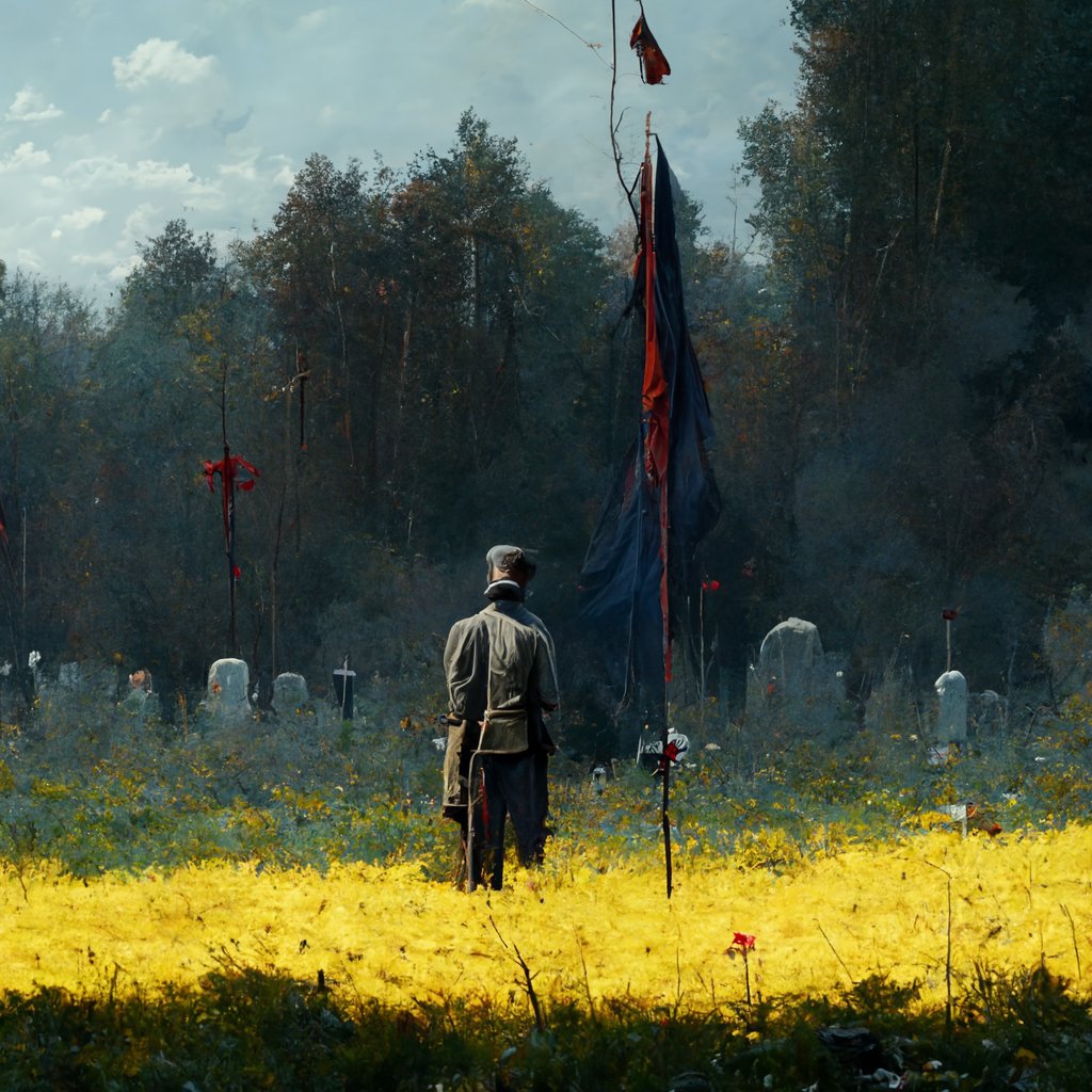 /imagine Guy with a bow standing alone in the battlefield field full of dead bodies and a flag infront of him...