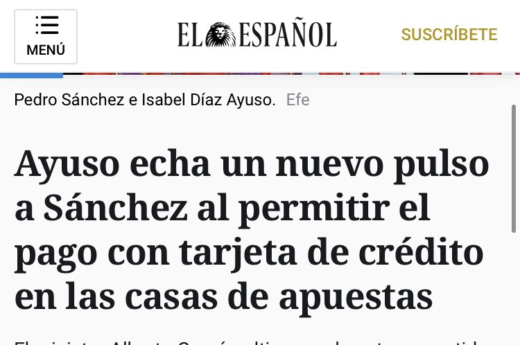 Pedro Sánchez facilita la tarjeta de abono gratuito en Renfe para ayudar a las familias españolas. Ayuso facilita el pago con tarjeta en las casas de apuestas para arruinar a las familias españolas.