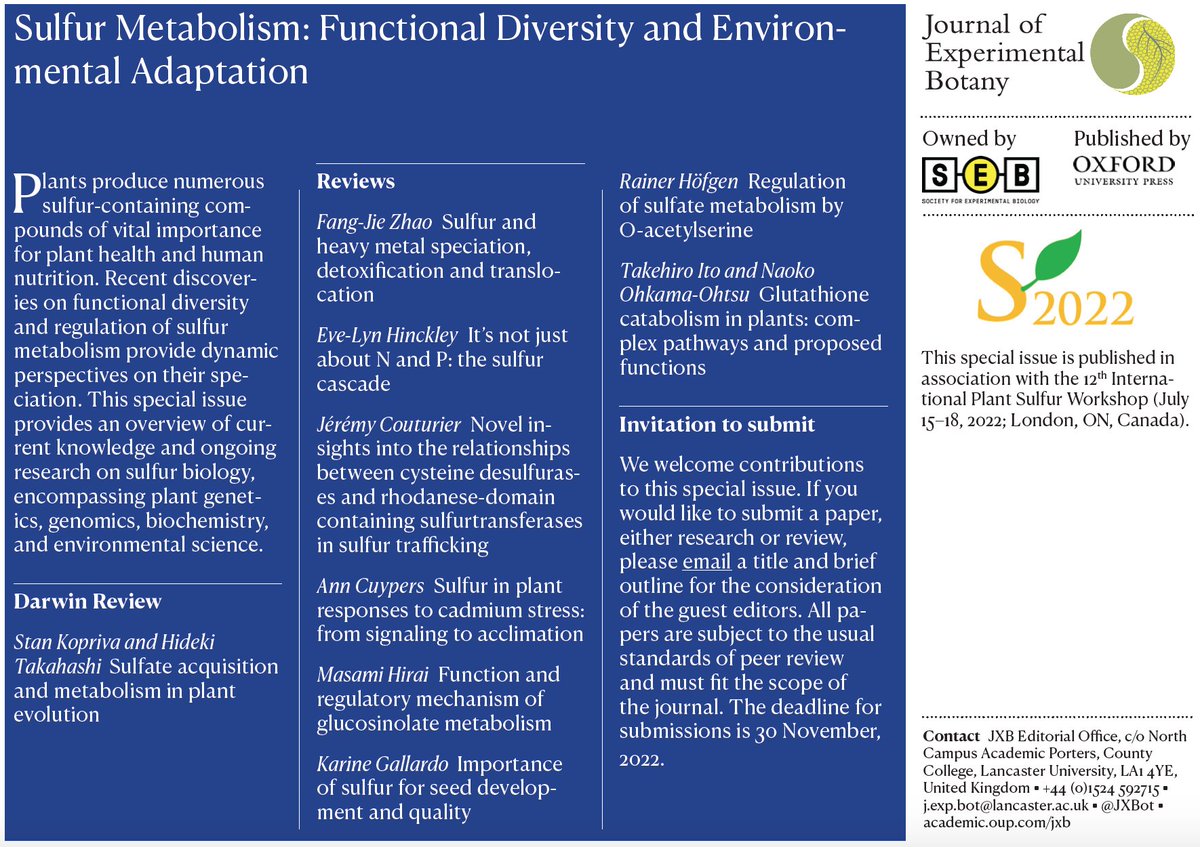 JXBot's tweet photo. Here's a summary of the confirmed review papers so far.

#plantscience #sulfur #JXBspecialissues #IPS22

(2/2) https://t.co/C3Af7QUQhz