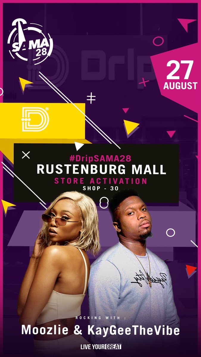 MantaNetswork's tweet photo. It’s DRIP TIME!

Drip up your garments! Join us in the DripSAMA weekend…

We will be bring with us KayGee TheVibe &amp; Moozile.

See you at the Drip store in Rustenburg Mall!

#DRIPSAMA28 https://t.co/8InV8XcIHt