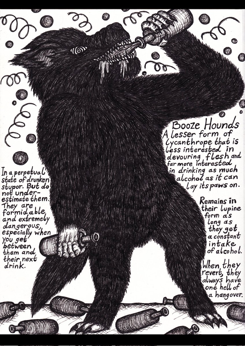 theartoflorcan's tweet photo. Booze Hounds.
#art #drawing #illustration #sketchbook #ink #blackandwhite #monster #creature #beast #wolf #werewolf #lycanthrope #booze #drink #alcohol #bottles #boozehound #text #lore #info #weird #strange #darkart #irishartist #irishart #dublinart #dublinartist #lorcancassidy https://t.co/MsYo4iJgkY