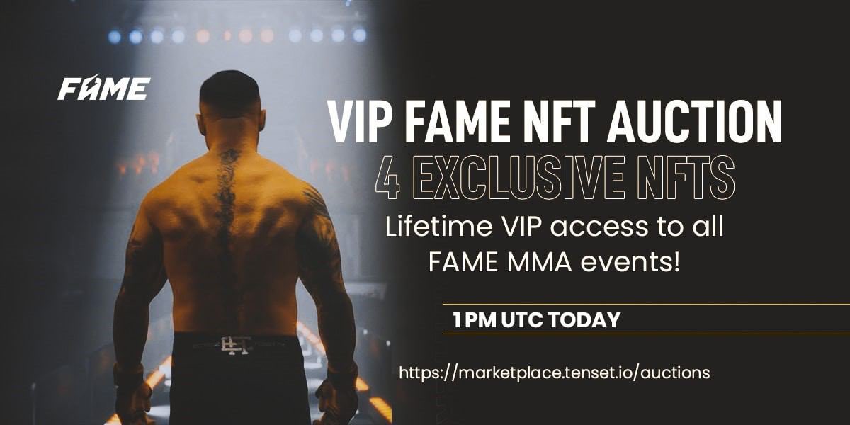 Redacted_TenseT's tweet photo. Exclusive FAME MMA VIP NFTs! 

Auction of 4 NFTs begins at 1PM UTC today, offering LIFETIME access to all @famemmatv events as a VIP guest! 

Bids exclusively in #10set token 🔥
https://t.co/kmIxOCWdFT 

Full details: https://t.co/iHXMXPKdLT https://t.co/H7KUoIWYZb
