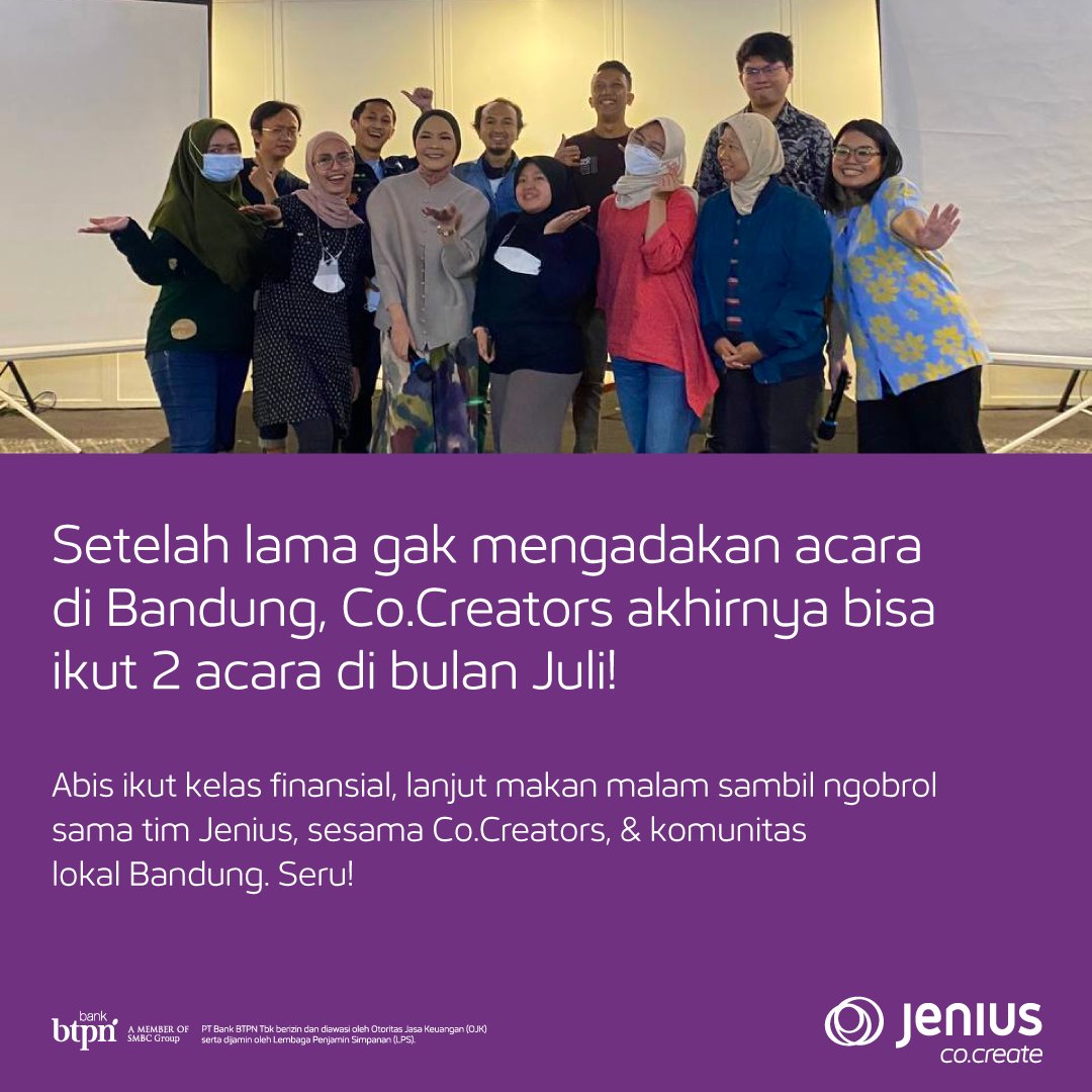 JeniusConnect's tweet photo. Di bulan Juli kemarin, ada banyak acara yang diadakan #jeniuscocreate, baik online maupun offline.

Co.Create Insider juga ada lagi di bulan lalu, lho. Selain itu, ada 2 acara offline di Bandung yang gak kalah seru. https://t.co/hftIDKWe3Z