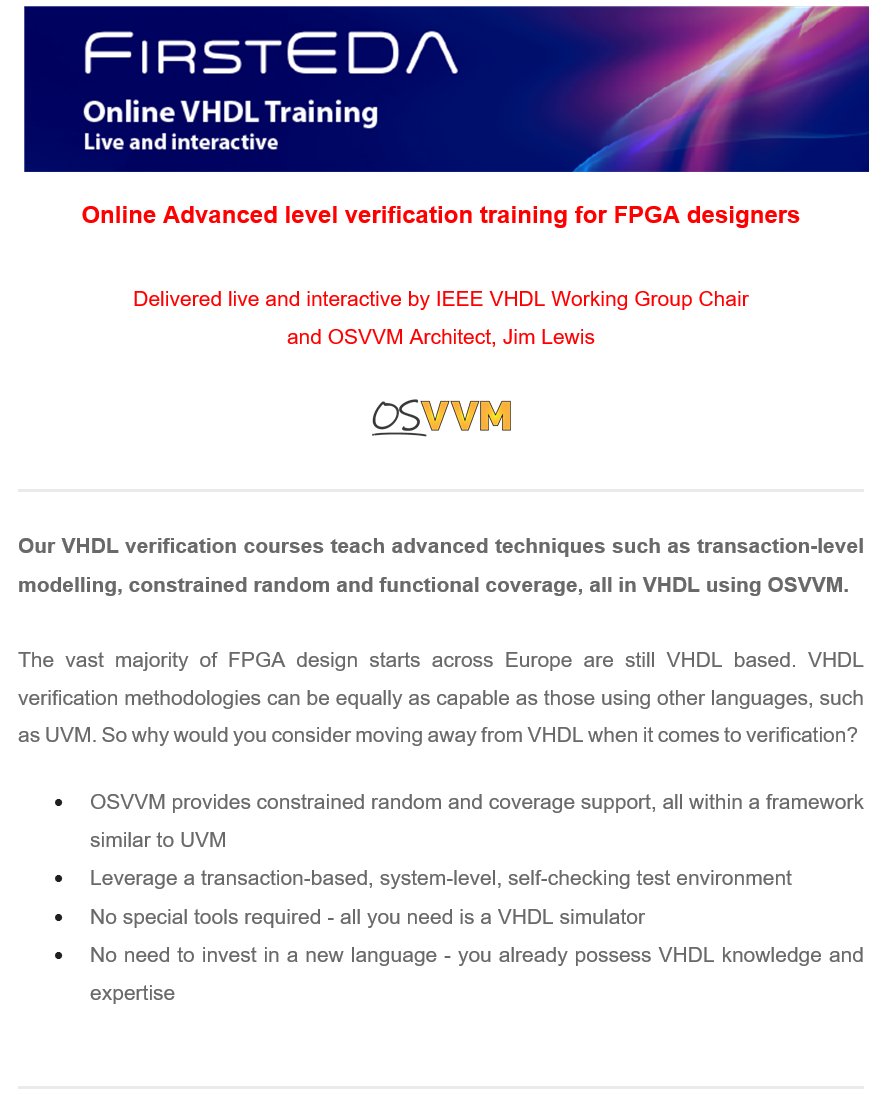 FirstEDA's tweet photo. 'OSVVM bootcamp' - Online Advanced VHDL Verification Training - https://t.co/fJ6kWVLxyD https://t.co/SyxBzFe1zg