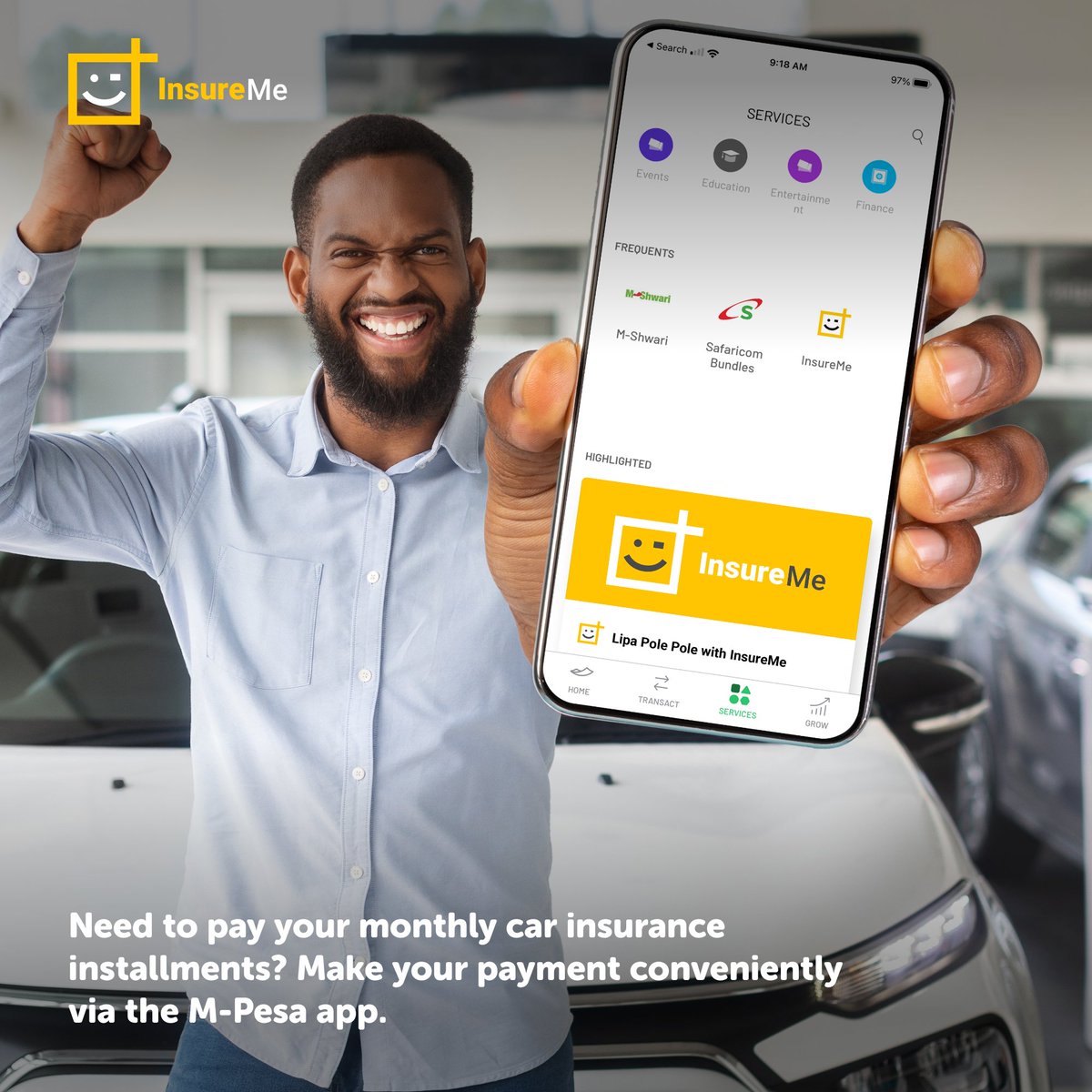 InsureMe_Ke's tweet photo. Access InsureMe on the M-Pesa App and get covered for all your car insurance needs at the touch of a button! ​

For any queries contact us on:​
WhatsApp: 0715 999 922​
Call: 0709 184 444​

#InsureMe​
#KeepMovingWeGotYou ​
#InsureMeLipaPolePole​
#CarInsurance
#Mpesa https://t.co/N8Y1isYMS5