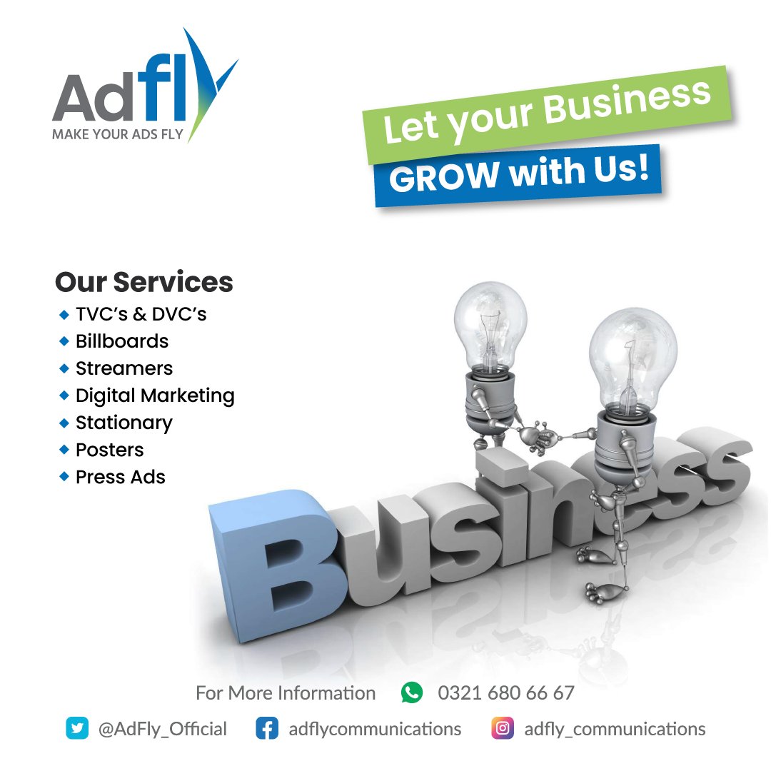 AdFly_Official's tweet photo. Let us GROW your Business
We have following Services for you
TVC's &amp; DVC's
Billboards
Stationary
Press Ads
Digital Marketing

Contact us:
📞+92 321 6806667
📍https://t.co/Q8ZBA1wKSK
📍https://t.co/uXi2xJ1VDJ
#Advertisingagency #adfly #adflycommunications #Marketing #businessideas https://t.co/65dlVNIBxP