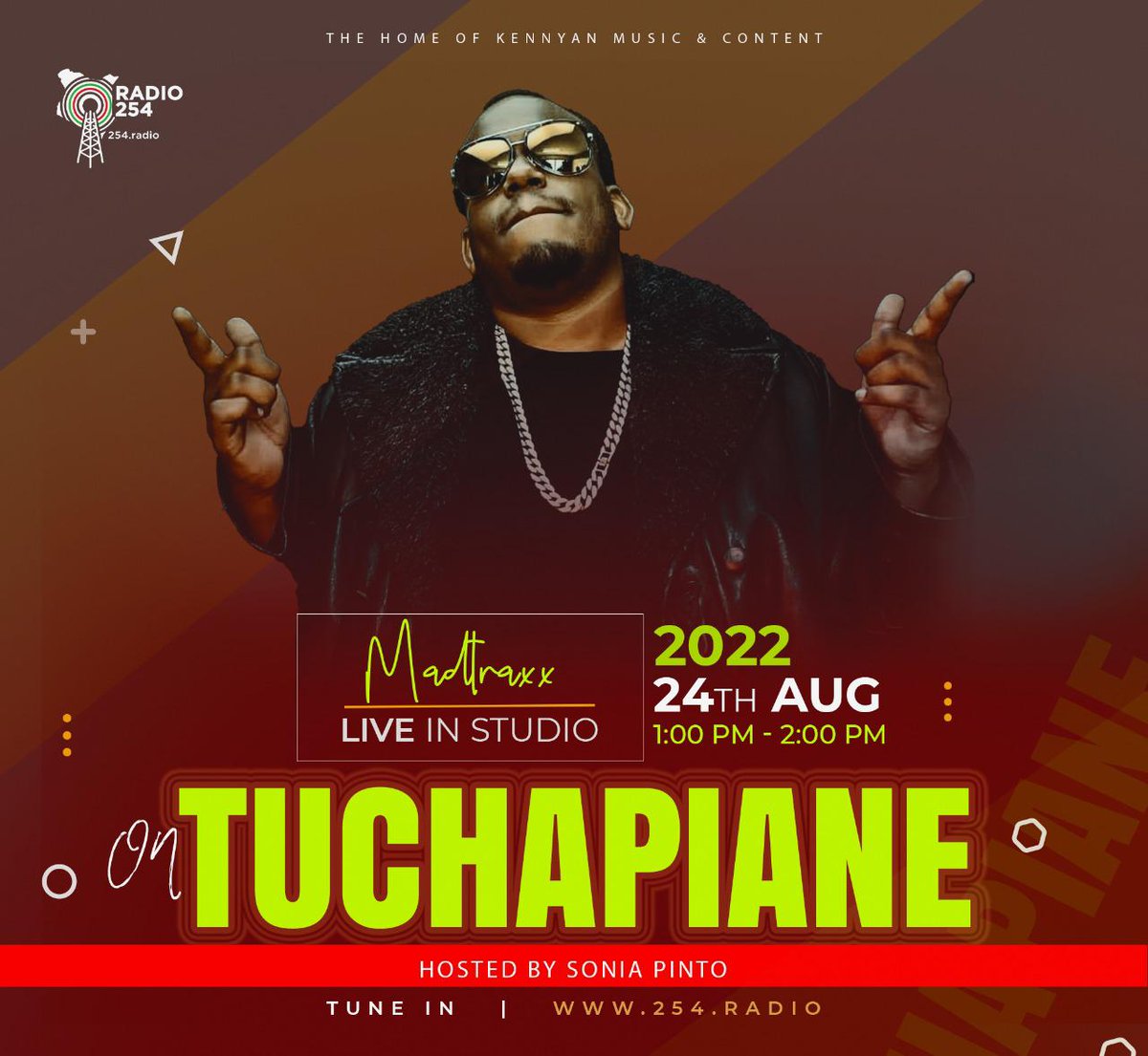 Radio254Online's tweet photo. Tune in to #tuchapianeshow with @sonia_pinto_ at 1pm, she will be live with @madtraxx on https://t.co/nHzbMNaSgK
#Thelunchhour #radio254 https://t.co/Igwqx29kuN