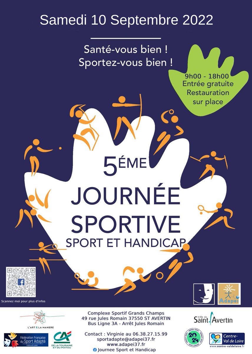La journée Sport et #handicap revient le 10 septembre 2022 pour sa cinquième édition !
Comme chaque année ce rendez-vous incontournable du sport adapté en Touraine aura lieu au Complexe Sportif des Grands Champs à Saint Avertin.
N'hésitez pas à partager l'information😊