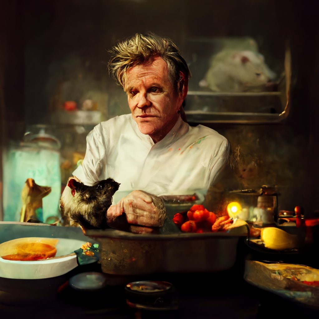 Gordon Ramsay is making something with a rat. 
Made by <a href="/midjourney/">Midjourney</a> #aiartist #Inspiration #AiArtwork