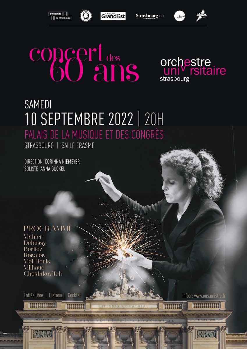 OUStrasbourg's tweet photo. 🎶 Concert évènement à l’occasion des 60 ans de l’orchestre sous la baguette de notre directrice musicale, Corinna Niemeyer !

Retrouvez-nous, en formation symphonique, le samedi 10 septembre à 20h dans la salle Erasme du Palais de la Musique et des Congrès de Strasbourg. ✨ https://t.co/RCLS9oLKZL