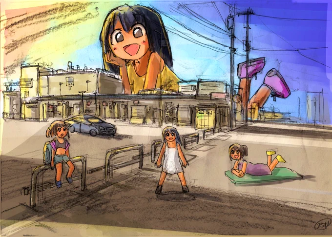夕方から夜の中間の時間に友達と会う!絵 