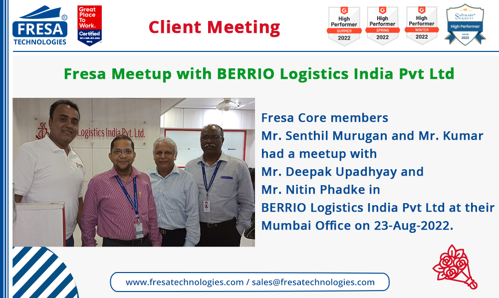 fresatechnology's tweet photo. Fresa Core members Mr. Senthil Murugan and Mr. Kumar had a meetup with Mr. Deepak Upadhyay and Mr. Nitin Phadke in BERRIO Logistics India Pvt Ltd at their Mumbai Office on 23-Aug-2022.
#fresa #BestLogisticsSoftware #clientmeeting
#freightforwarding
#BERRIO #BERRIOLogistics https://t.co/8YrCozIMql