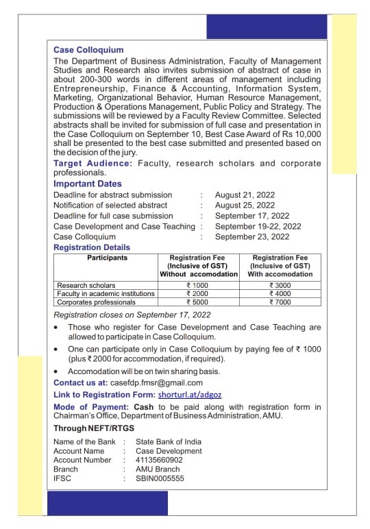 fmsramu's tweet photo. Department of Business Administration, Faculty of Management Studies and Research, Aligarh Muslim University organises Faculty Development Program on 
“CASE DEVELOPMENT AND CASE TEACHING” (offline mode) from September 19-22, 2022 &amp; "CASE COLLOQUIUM" on September 23, 2022. https://t.co/Kzqc4VOUPW