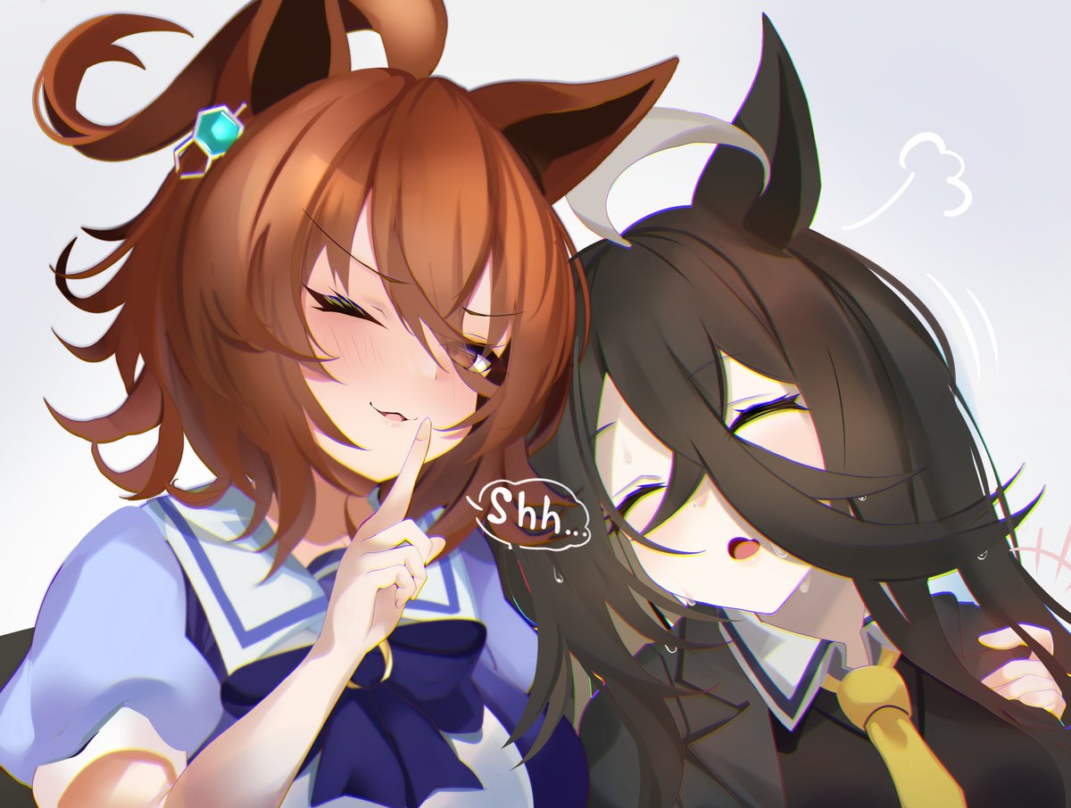 agnes tachyon (umamusume) ,manhattan cafe (umamusume) multiple girls animal ears 2girls horse ears brown hair tracen school uniform ahoge  illustration images