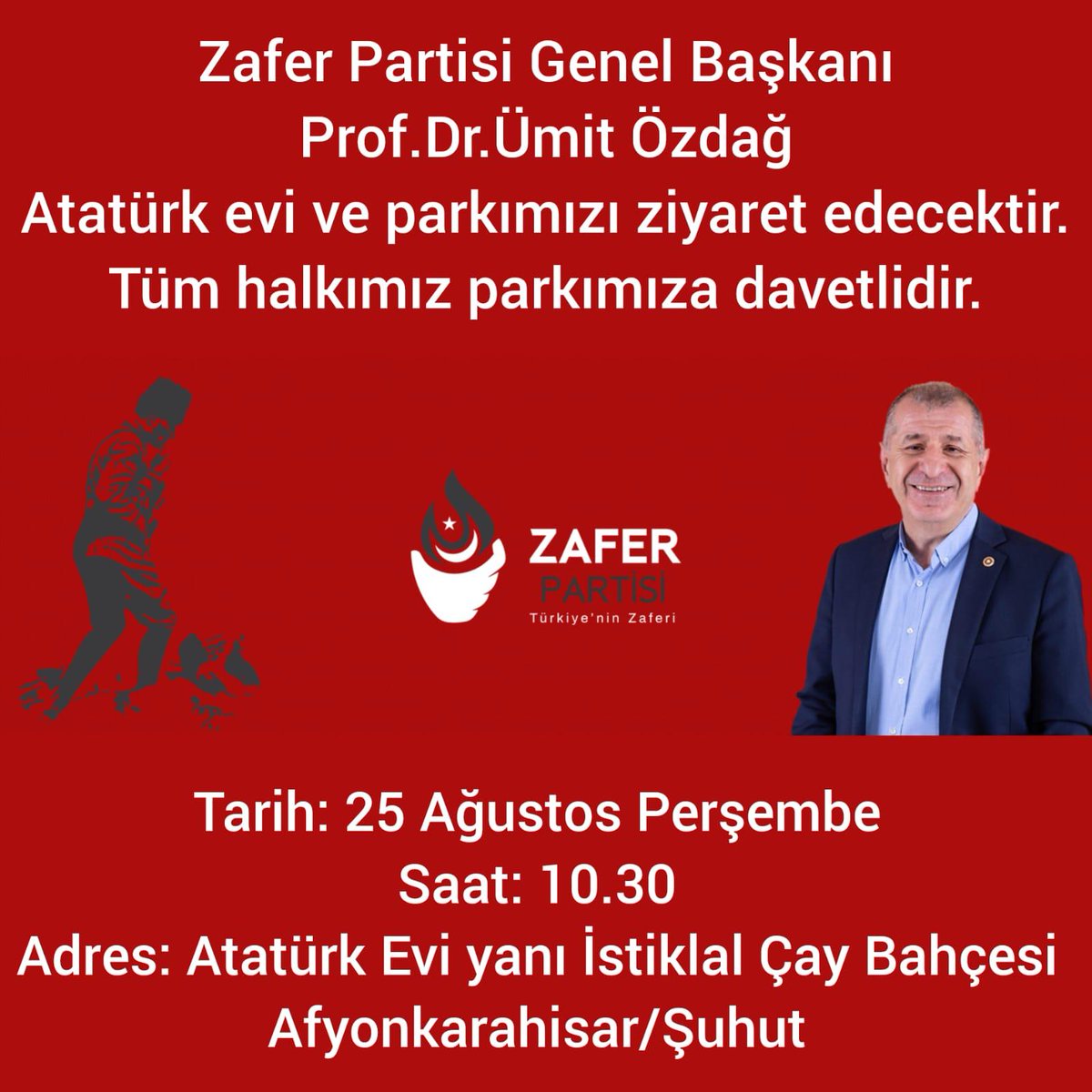 Prof.Dr.Ümit ÖZDAĞ Afyonkarahisar'a geliyor. 25-26-27 Ağustos 2022 tarihlerinde ÇAKMAK Otelde Sn Prof.Dr.Ümit ÖZDAĞ ve 200 kişilik İl Başkanları Eğitim Çalıştayı İcra Edilecektir.
@umitozdag @AyyildizGM  @Zaferpartisi03 @mevtek @Av_Nuri_EKER @isaaKarahan @TENGZ10