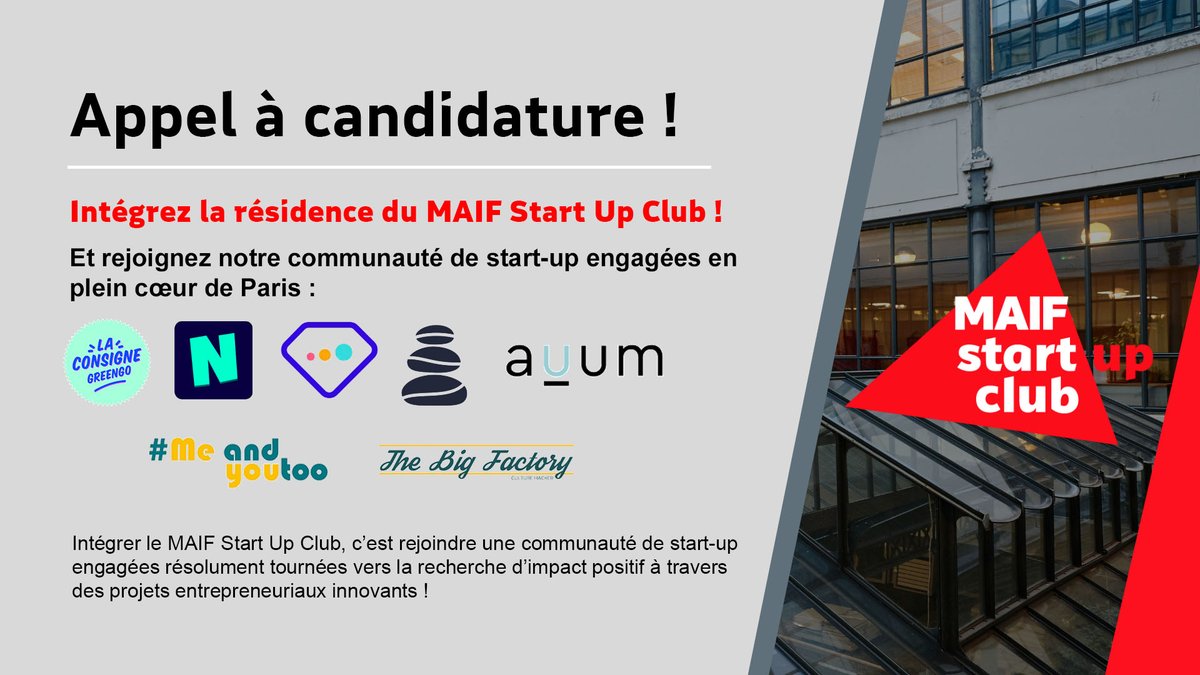 AFelicianoAnge's tweet photo. La rentrée approche ! Pour l'occasion, le #MAIFStartUpClub lance un appel à candidatures !
Vous êtes une Start-Up à impact positif créée il y a moins de 3 ans, lancez-vous en cliquuant ici 👇
https://t.co/SFgXdzPyy4 https://t.co/zrQGtOXLUq