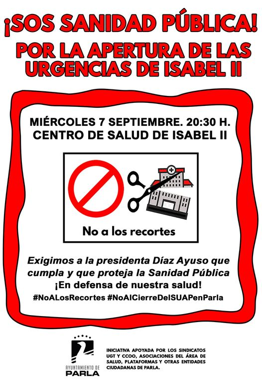 AytoParla's tweet photo. Servicio Urgencias centro salud Isabel II #Parla sigue cerrado⛔️Ayuntamiento apoya difusión próxima concentración de asociaciones personas enfermas, plataformas, sindicatos, entidades y ciudadanía para reclamar a Comunidad de Madrid reapertura ℹ️ Miércoles 7 #septiembre 20:30 h. https://t.co/i1pX3ua6X2