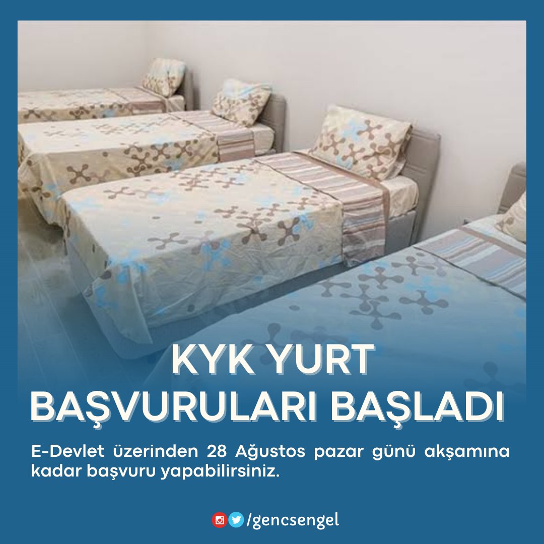 gencsengeI's tweet photo. KYK YURT BAŞVURULARI BAŞLADI.

e-Devlet üzerinden 28 Ağustos pazar günü akşamına kadar başvuru yapabilirsiniz. https://t.co/HmrZMnDrzz