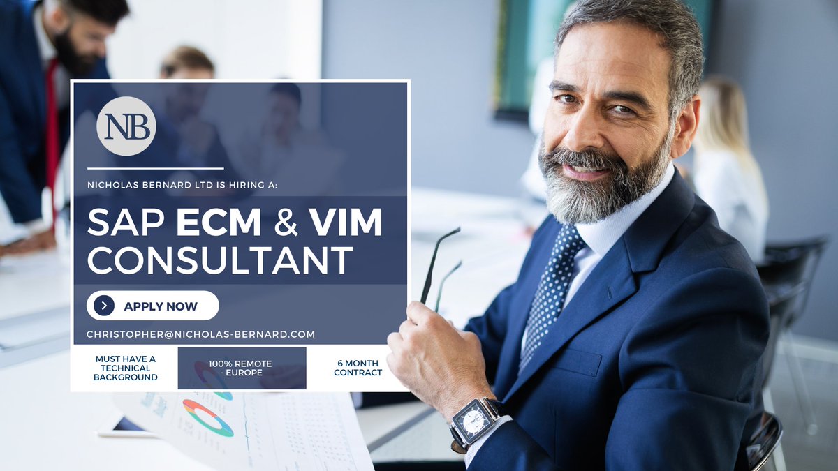 Christopher Lucas is hiring a #SAP ECM &amp; VIM Consultant with a technical background to join a fully remote contract in Europe.

📝 Duration: 6 Months 
✍️ Start date: Mid-September 
🇬🇧 Language: English

To find out more, email Christopher@nicholas-bernard.com.