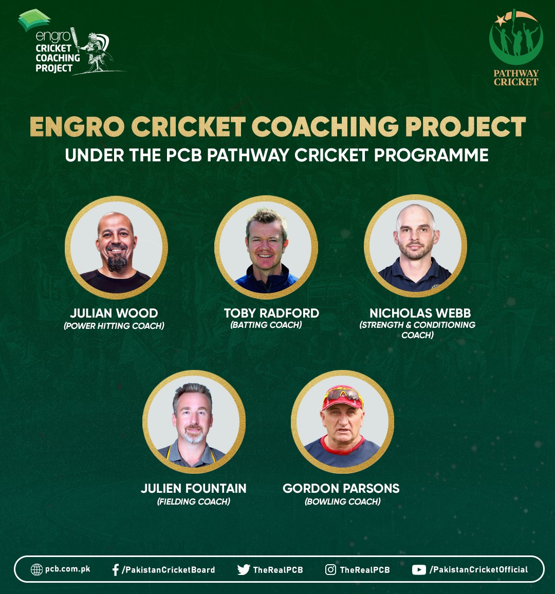 TheRealPCB's tweet photo. Elite foreign coaches join the @EngroCorp Cricket Coaching Project

More details: https://t.co/xiGOdaYcXR https://t.co/ggzZQLEqrv