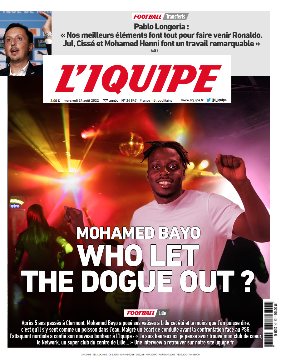 L_iquipe's tweet photo. Voici la une du journal L'Iquipe du mercredi 24 août : 

- #LOSC : Bayo a trouvé son club de coeur
- #OM : Longoria tente le tout pour le tout pour CR7

#LOSCPSG #Bayo #Lille #OM #TeamOM #Jul #CR7 #RonaldOM #Cisse https://t.co/uNFdQ1FI48
