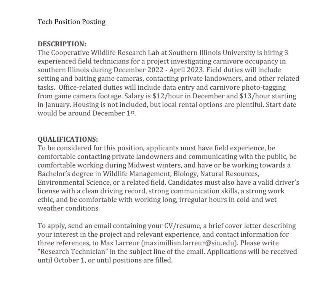 Job Posting: Carnivore camera trapping technicians - Southern IL