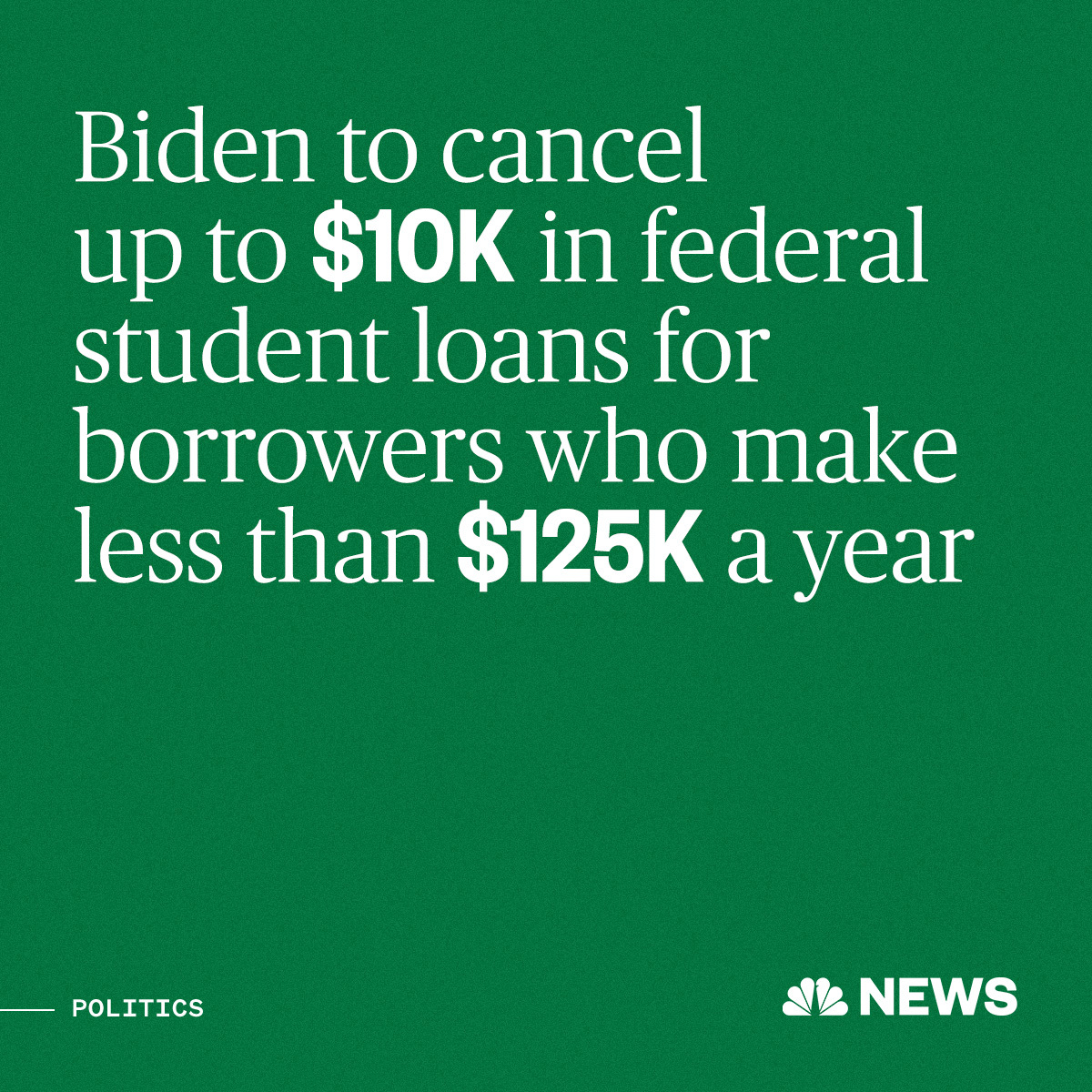 BREAKING: Biden to announce student debt cancelation plan:

• Up to $10,000 canceled for borrowers who earn $125,000/year or less

• Up to $20,000 canceled for Pell Grants recipients

• Payment pause on federal student loans extended through Dec. 31

nbcnews.to/3AcjpoA