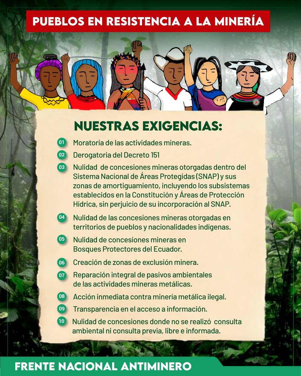 🔴Hoy se instala la mesa de diálogo sobre #extractivismo entre el Gobierno de @LassoGuillermo y las organizaciones sociales, donde se discutirá el destino de decenas de pueblos que resistimos a la imposición de #megaproyectos #mineros y #petroleros. Estas son nuestras exigencias.