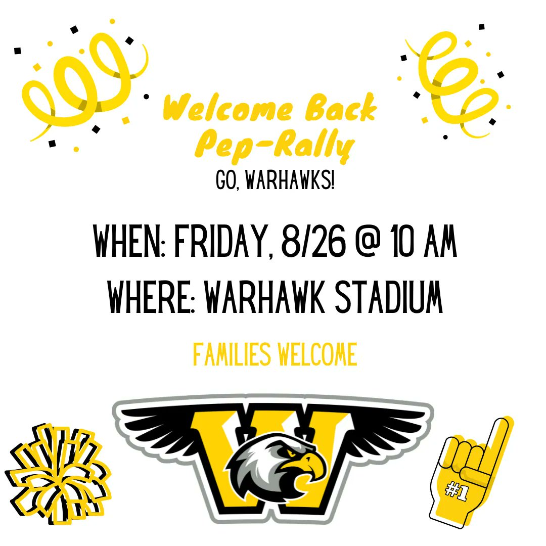 Wellborn_MS's tweet photo. Warhawks! 
We have our Welcome Back Pep Rally this Friday, August 26th at 10:00 AM. The Pep Rally will take place at Warhawk Stadium. Families who attend, please come directly to the stadium to check-in.
#WMSwarhawks https://t.co/EqggoFOE4J