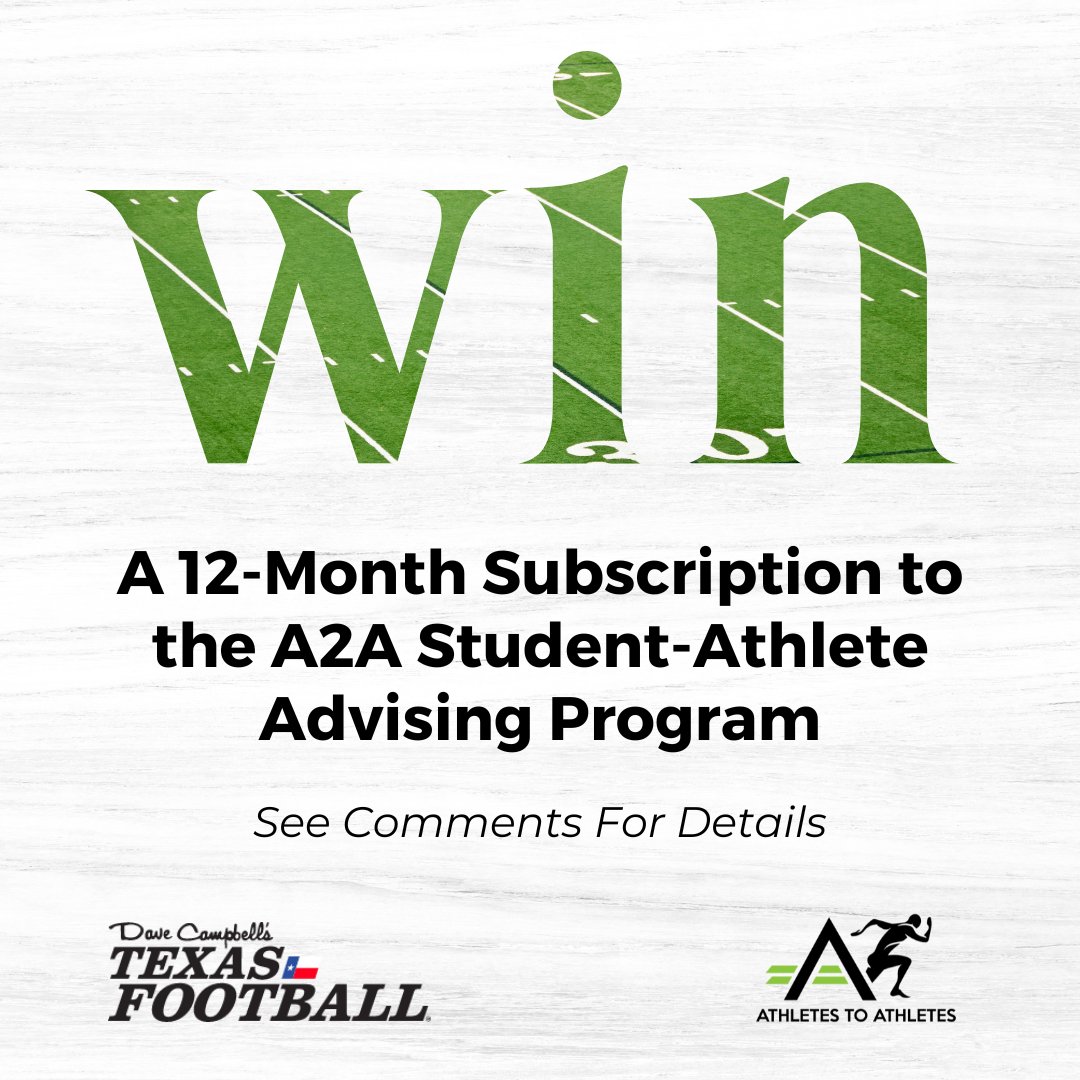 Are you or someone you know an aspiring collegiate athlete? Don't miss out on this opportunity with @A2Aadvising!

Enter your information for your chance to win a 12-month membership for A2A's college advising program.

athletestoathletes.com/texasfootball/ | #dctf #txhsfb