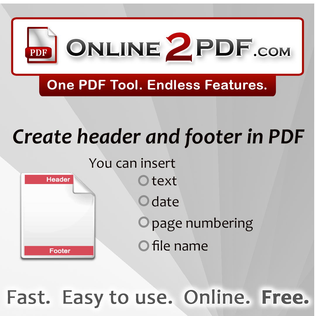 Online2PDF's tweet photo. Did you already know?
With #Online2PDF you can easily insert a header/footer in your PDF file. In addition to your own text you can also insert a page numbering, a date and a file name.
Just click the following link https://t.co/2jE0AEBlsI https://t.co/e3jHdQZLMb