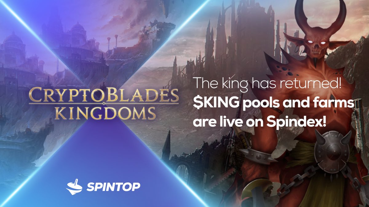 SpintopNetwork's tweet image. Behold, Spinners! ⚔️

🛡The generous $KING has returned to its castle. @CBKingdoms partnership pools are live on #Spindex! 💸🔁

☑️ Get $SPIN rewards from $SPIN - $KING farms.🧑‍🌾 
☑️ Get $KING rewards from $SPIN #staking pools. 🏊‍♂️ 

Start staking now! ⬇️ 
dex.spintop.network/home