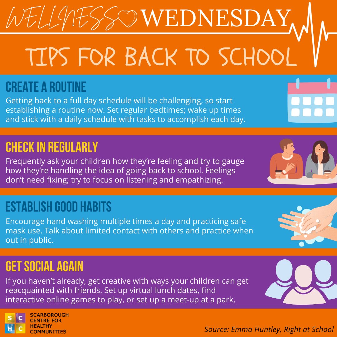 SCHCOnt's tweet photo. As a parent, you want to make sure your child is ready for getting #backtoschool . For this week's #SCHCWellnessWednesday , learn a few tips so you can be prepared for you child's return to #school π.
#Scarborough #health #schooltips #toronto #getreadyforschool https://t.co/eVH7JckABJ