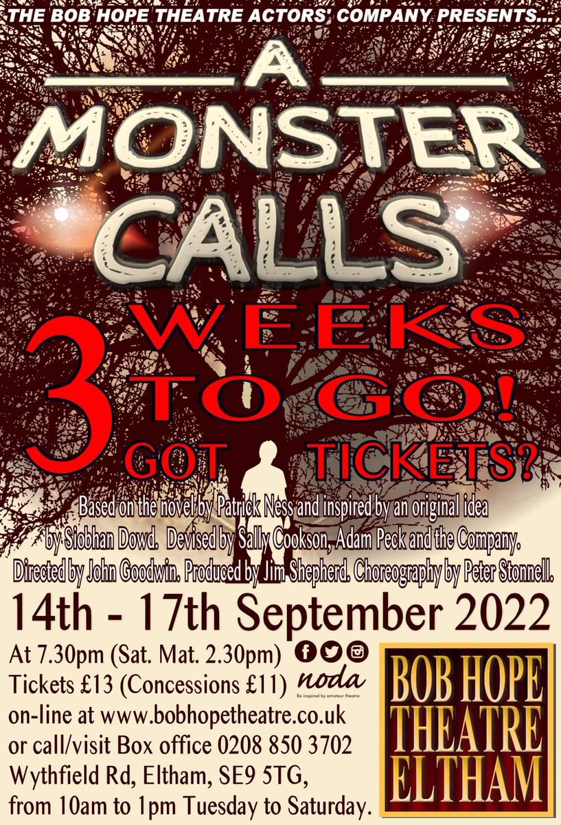 With just three weeks to go, now's the time to start thinking of booking those tickets.  Our season-opener promises to be a theatrical treat.
#bobhopetheatre
#supportlocaltheatre
#amonstercalls