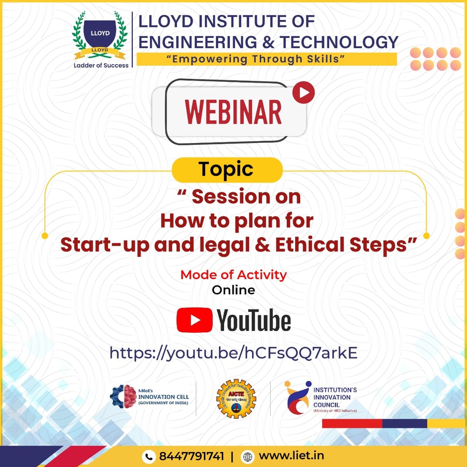 LietNoida's tweet photo. Institute Innovation Cell (IIC) of LIET conducted a webinar on “How to plan for start-up and legal ethical steps”.

Few of its glimpses:
#lloyd #IIC #industryorientation #innovation #MHRD #webinar #planning #ethics #idea #startup #engineering #bestcollege #delhincr #liet https://t.co/4oxiDn41OQ