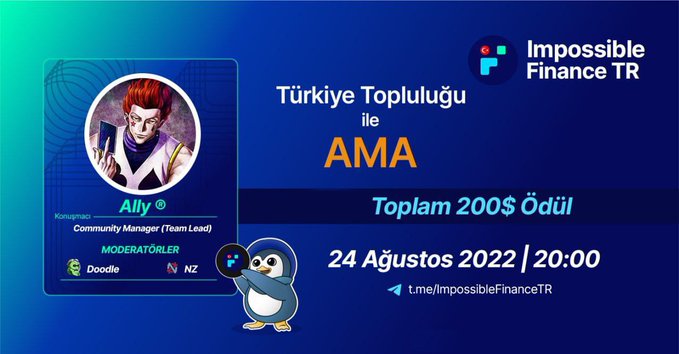 AMA etkinliğimiz için son 2 saat. 
Halan daha katılmadıysanız bir önceki paylaşımın altına sorunuzu sorarak $20 ödül kazanma fırsatı yakalayın.  

AMA etkinliği Impossible Finance Tütkiye grubunda olacaktır  
t.me/ImpossibleFina…

t.me/ImpossibleFina…