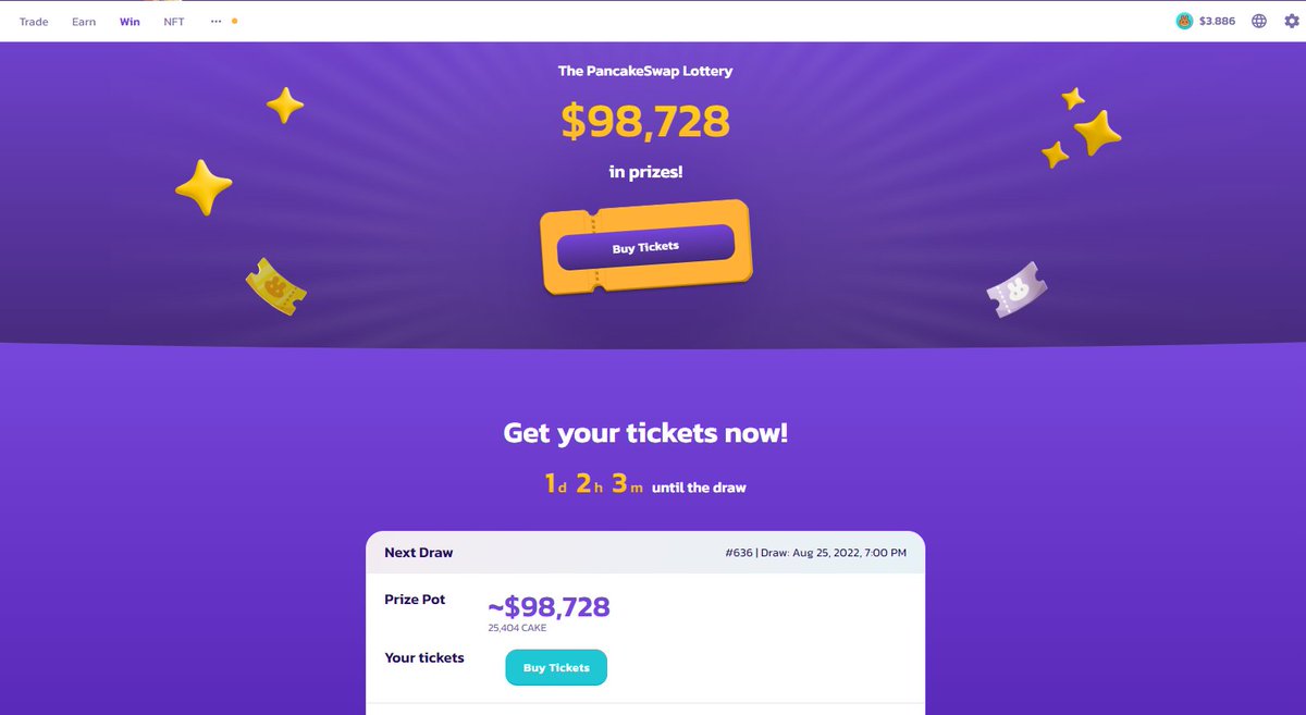 <a href="/PancakeSwap/">PancakeSwap</a> <a href="/Biswap_Dex/">Biswap</a> <a href="/VenusProtocol/">Venus Protocol</a> <a href="/WombatExchange/">Wombat Exchange 🐻🔁</a> <a href="/MetaApesGame/">Meta Apes</a> <a href="/SantosFC/">Santos FC</a> <a href="/MinesOfDalarnia/">Mines of Dalarnia</a> <a href="/Era7_official/">Era7: Game of Truth</a> <a href="/realfroyogames/">Froyo Games</a> <a href="/FCPorto/">FC Porto</a> <a href="/KalmyAPP/">KALM | Kalmy.APP Beta</a> <a href="/binance/">Binance</a> 7/ PancakeSwap Lottery
This is another way of earning money on PancakeSwap. The platform runs four lotteries a day, with each lottery session running for 6 hours.

You can buy a ticket with CAKE to participate in the lottery. If you win, you can even receive an NFT as a reward.