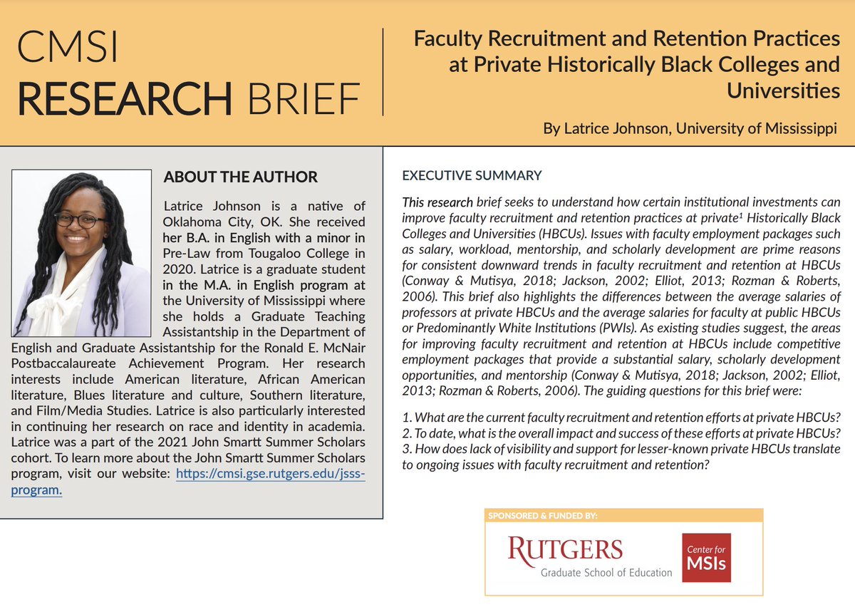 CenterForMSIs's tweet photo. 🚨New Research Brief Released Today 🚨 

In our latest #research brief, @_LatriceJohnson seeks to understand how certain #institutional #investments can improve #faculty #recruitment and retention practices at private #HBCUs. 📚 👨‍🎓 

Read more here: https://t.co/98pIfe3DfG