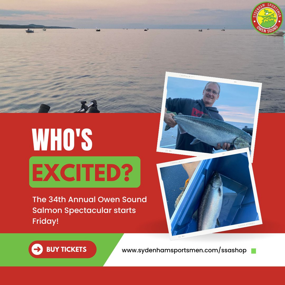 Who's excited for the #owensoundsalmonspectacular?

Buy tix - sydenhamsportsmen.com/ssashop/

#sydenhamsportsmen #salmonfishing #greybruce #ontariofishing #ontariofestival #owensound #greybrucecounty #ontario #angler #georgianbay #fishing #lakehuron #greatlakes #fish #fishingaddict