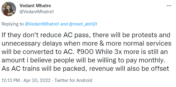 VedantMhatre1's tweet image. I called it. Not because I am very smart, but because it was very obvious 😩Railway board is reaping what they sowed and our catching up to the rest of the world in terms of the quality of transportation services we have is going to be delayed further yet ....
#Mumbai #ACLocal